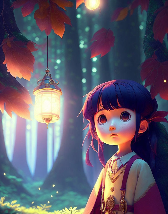 Enchanted forest scene with animated girl and glowing lantern