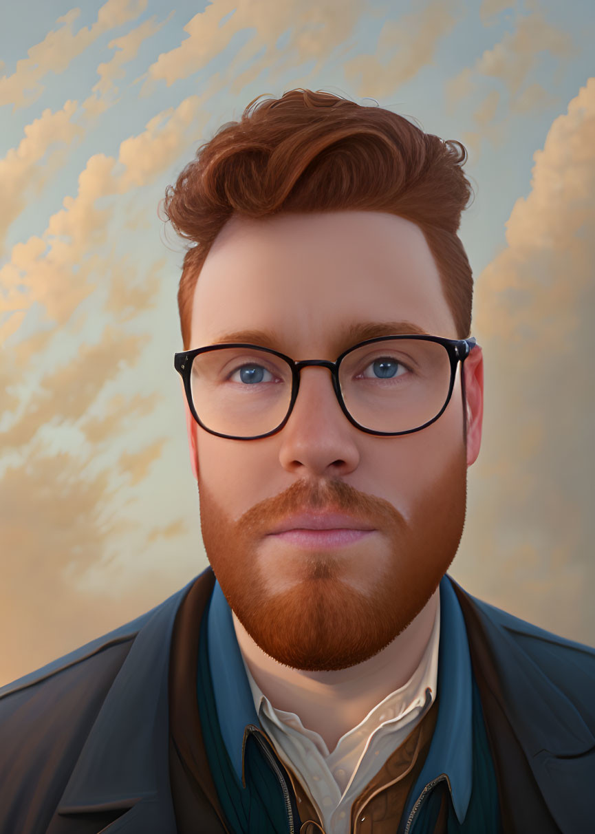 Man with Red Hair and Beard in Glasses, Blue Shirt, Dark Jacket against Cloudy Sky