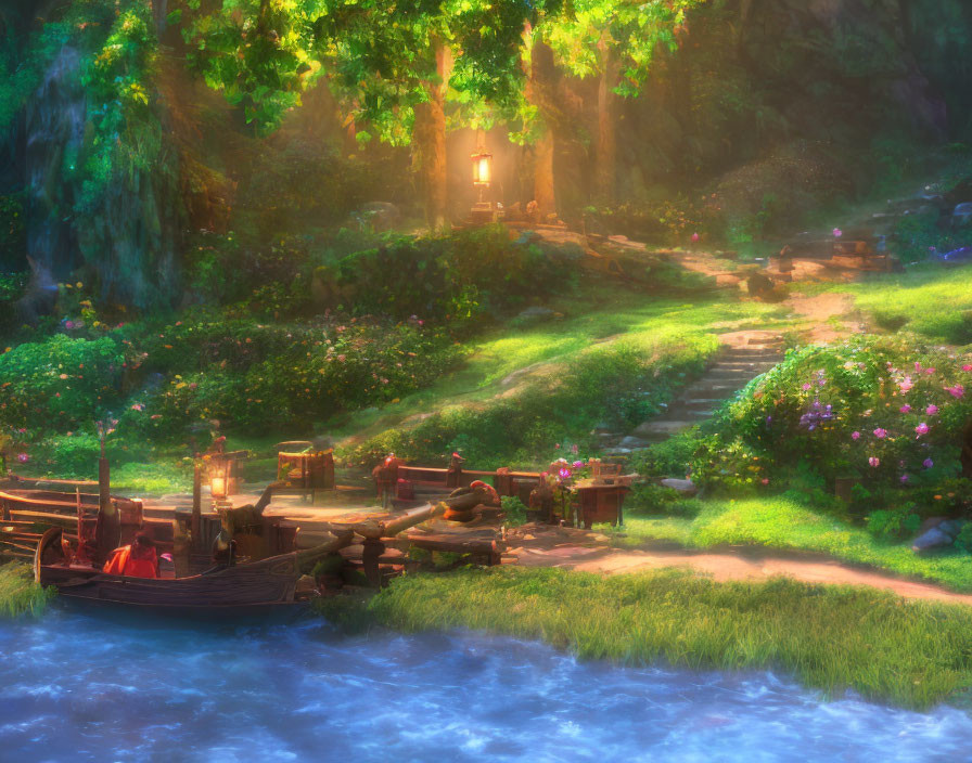 Tranquil forest scene with river, boat, cottage, and sunlight.