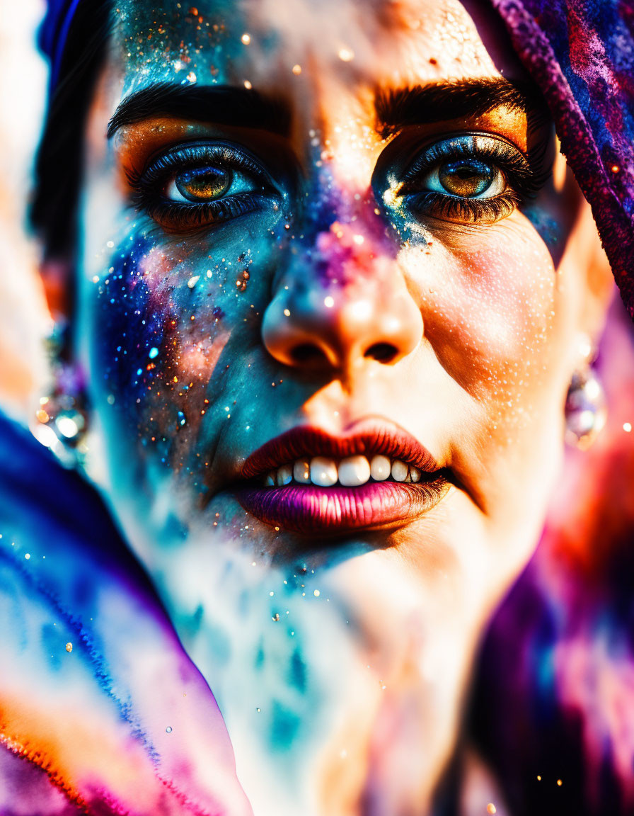 Detailed portrait of a woman with galaxy-themed face paint and colorful headscarf