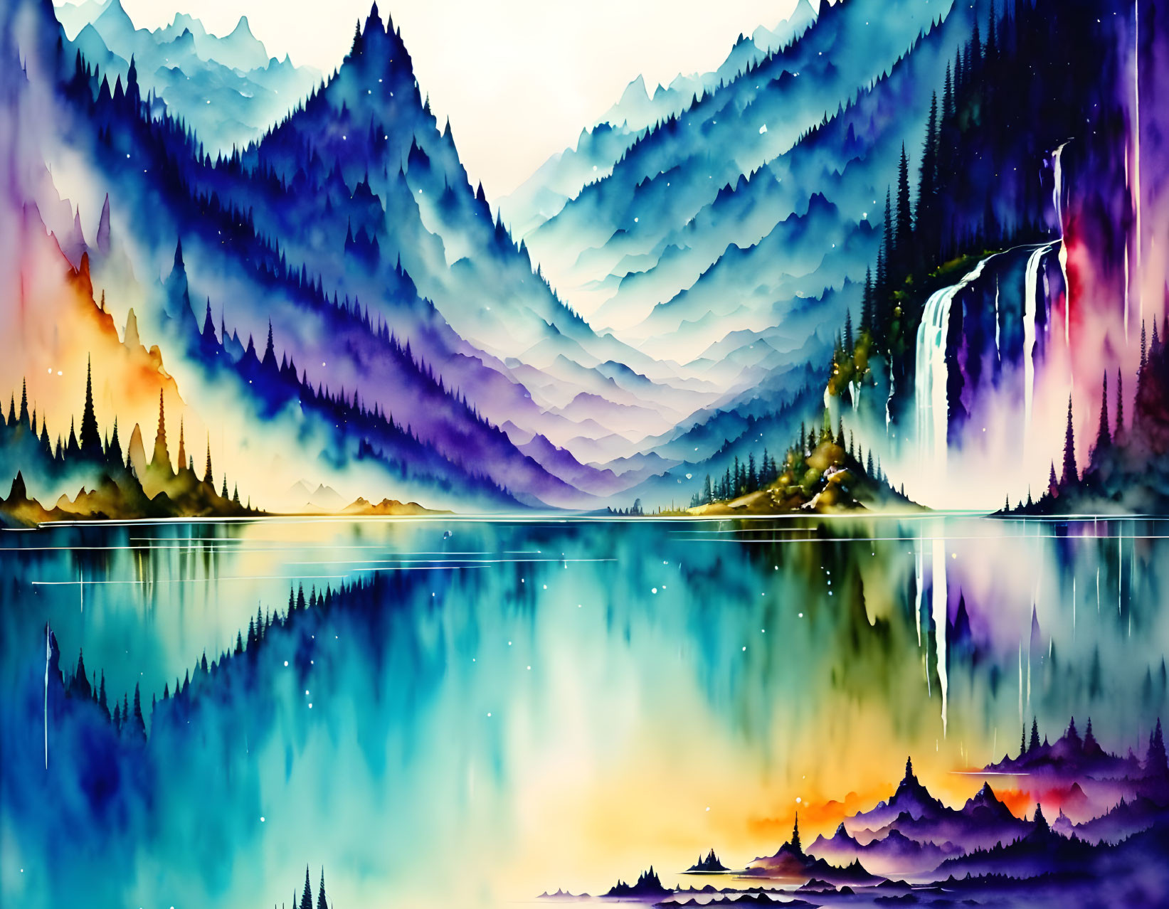 Mountainous landscape watercolor painting with waterfall and lake