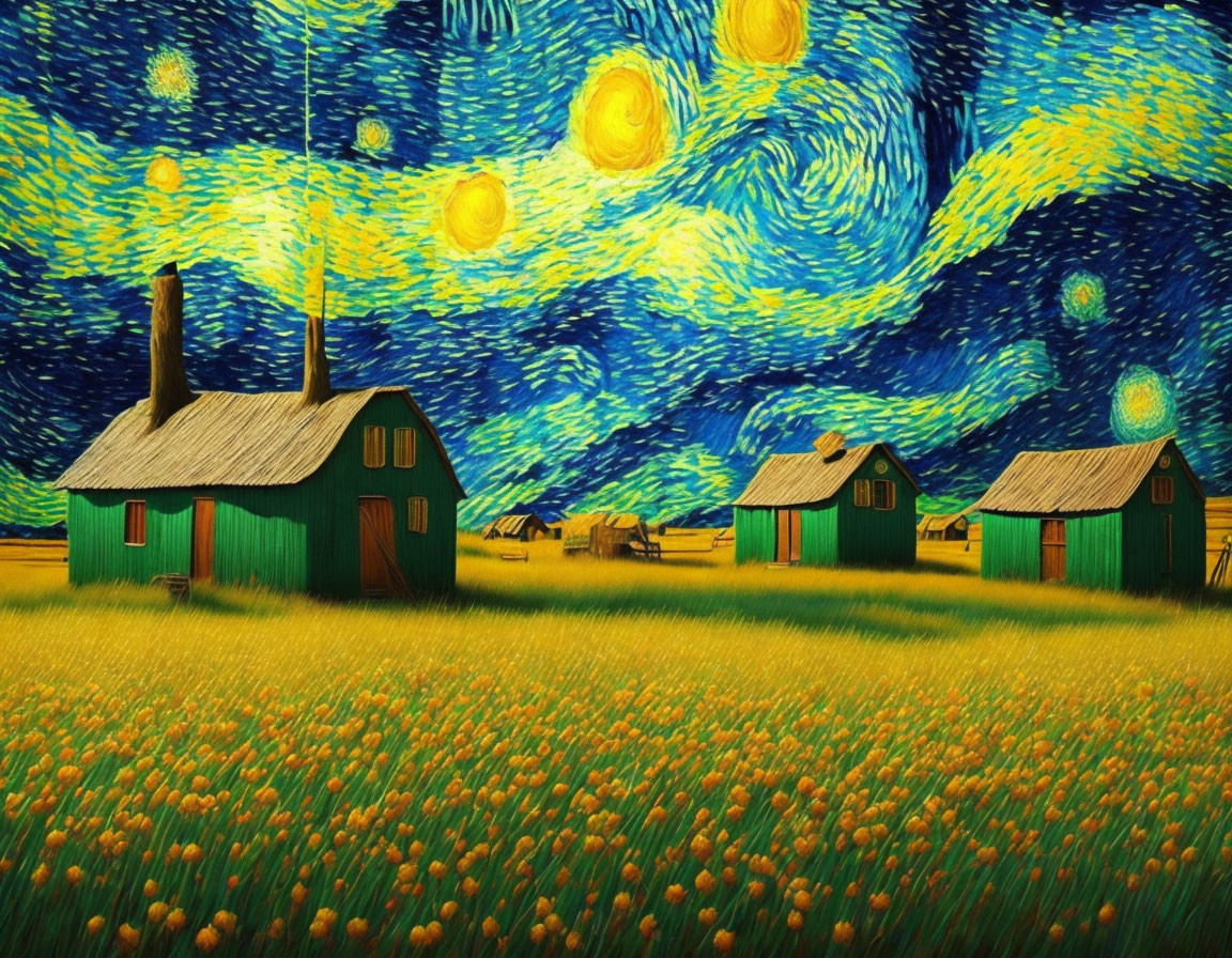 Stylized Van Gogh-inspired night sky painting with swirling stars and rural landscape.