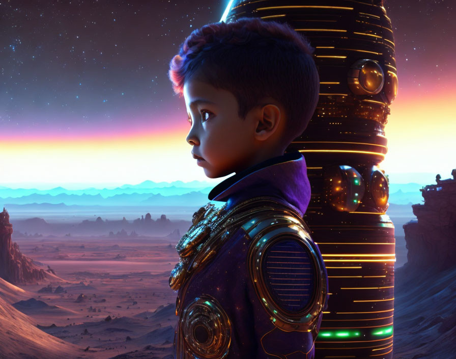 Futuristic boy and robot in twilight desert landscape