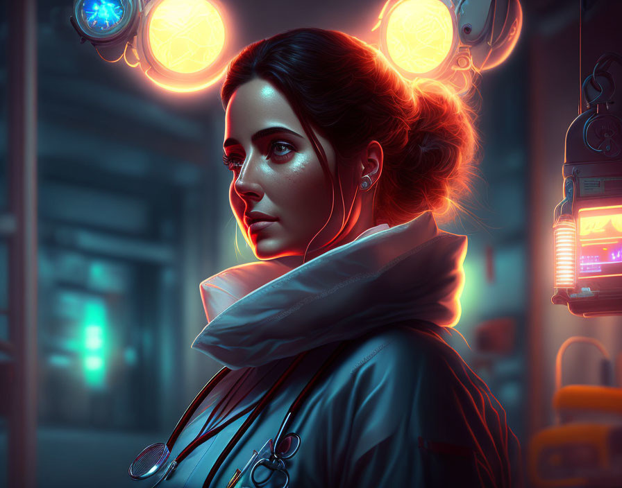 Woman in glowing earphones in futuristic neon-lit setting