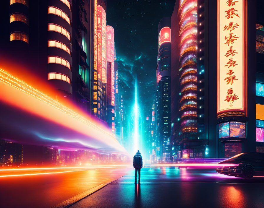 Futuristic city street with neon lights and skyscrapers