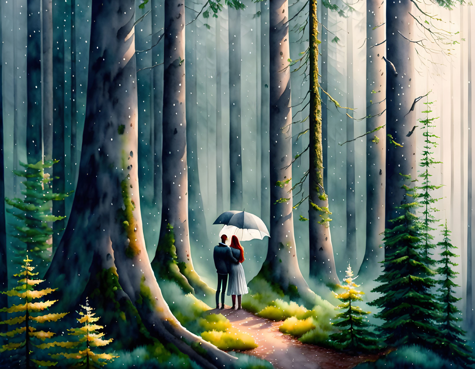 Couple embracing under umbrella in mystical forest with snowflakes and towering trees