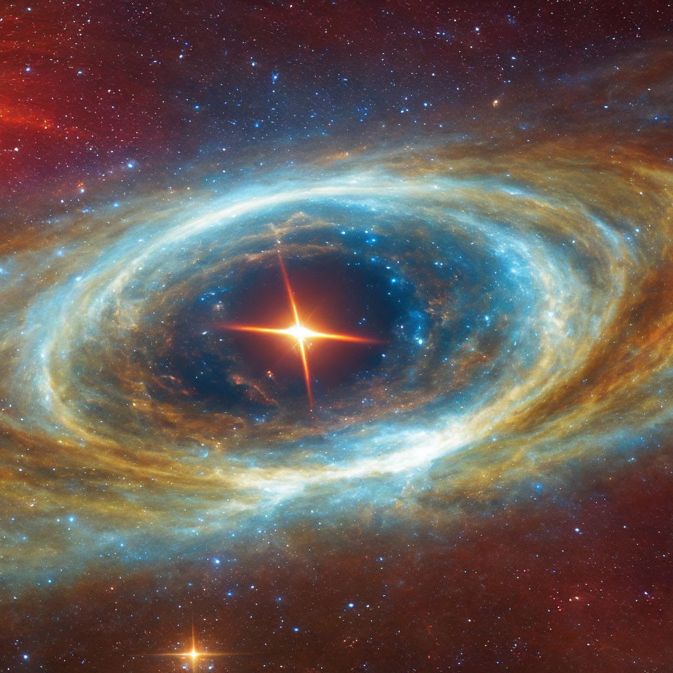 Colorful space image with central star and swirling galactic arms.