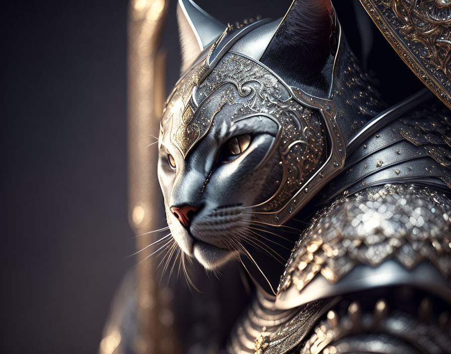 Digital artwork: Cat in metallic armor with ornate designs on dark background