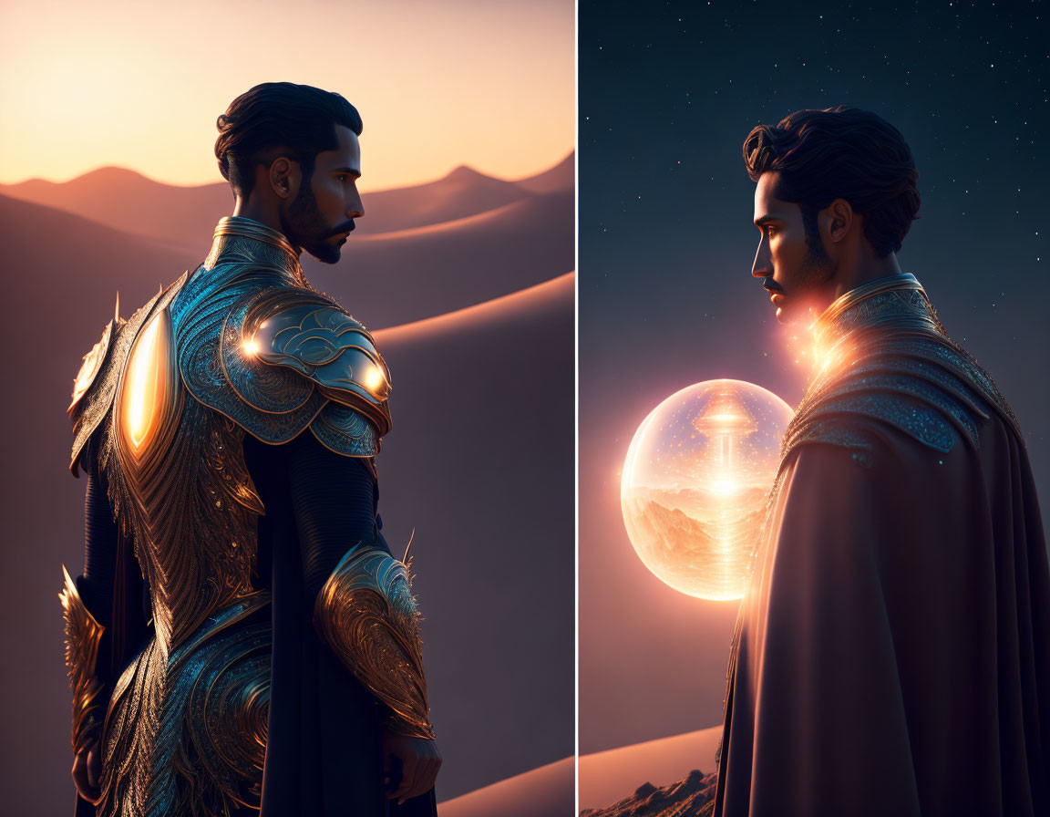 Man in ornate armor gazes at desert sunset and glowing orb under starry sky