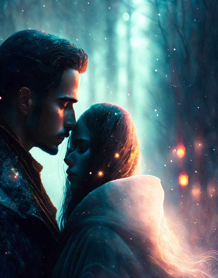 Fantasy couple embracing in mystical forest with glowing lights