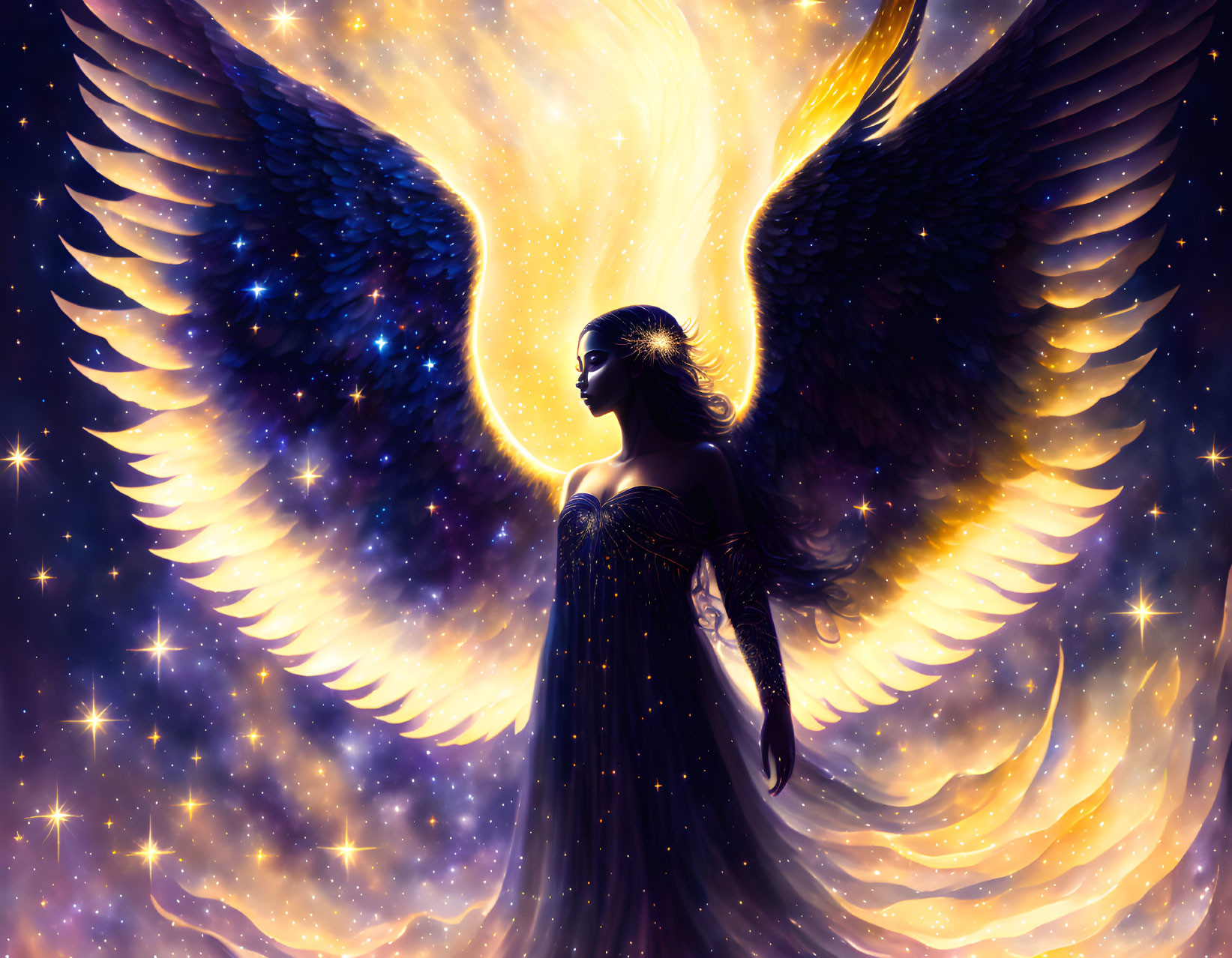 Winged figure silhouette against cosmic backdrop with fiery aura.