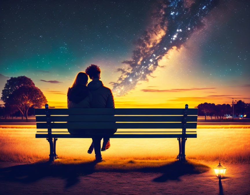 Couple sitting on bench under starry sky and vibrant sunset.