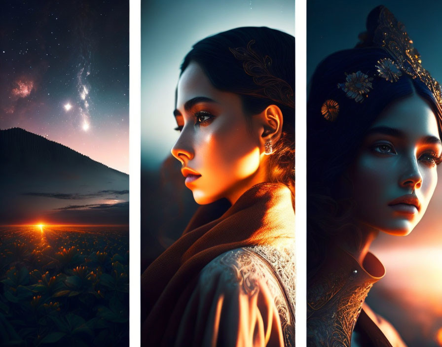 Triptych image of woman in elegant attire against various backgrounds