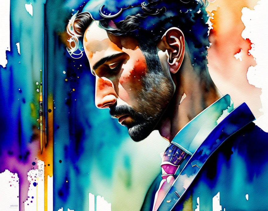 Colorful Watercolor Portrait of Man in Suit on Abstract Background