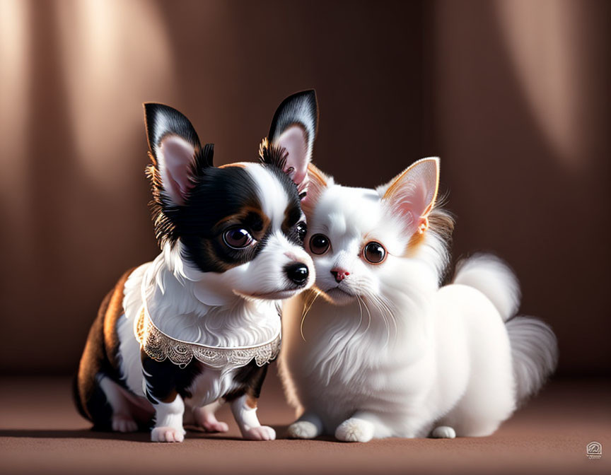 Stylized cartoon pets: black & white Chihuahua and fluffy white cat