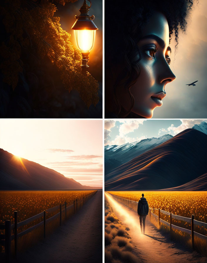 Collage of Glowing Lantern, Woman's Profile, Sunlit Path, and Sunset Figure