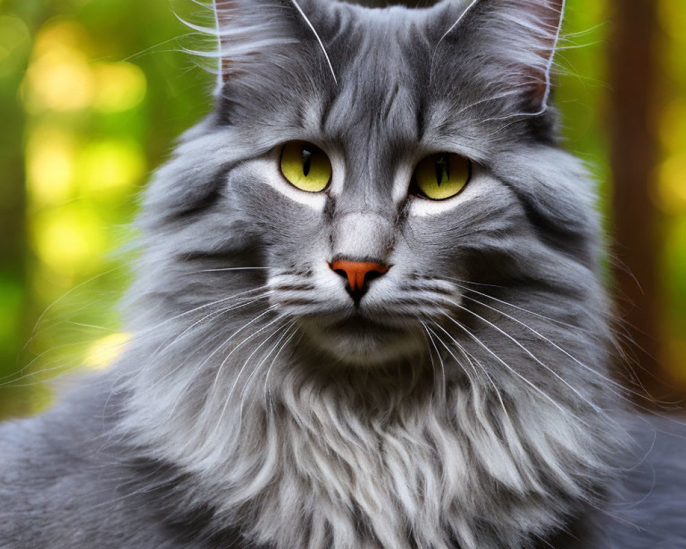 Gray Long-Haired Cat with Yellow Eyes and Orange Nose on Green Background