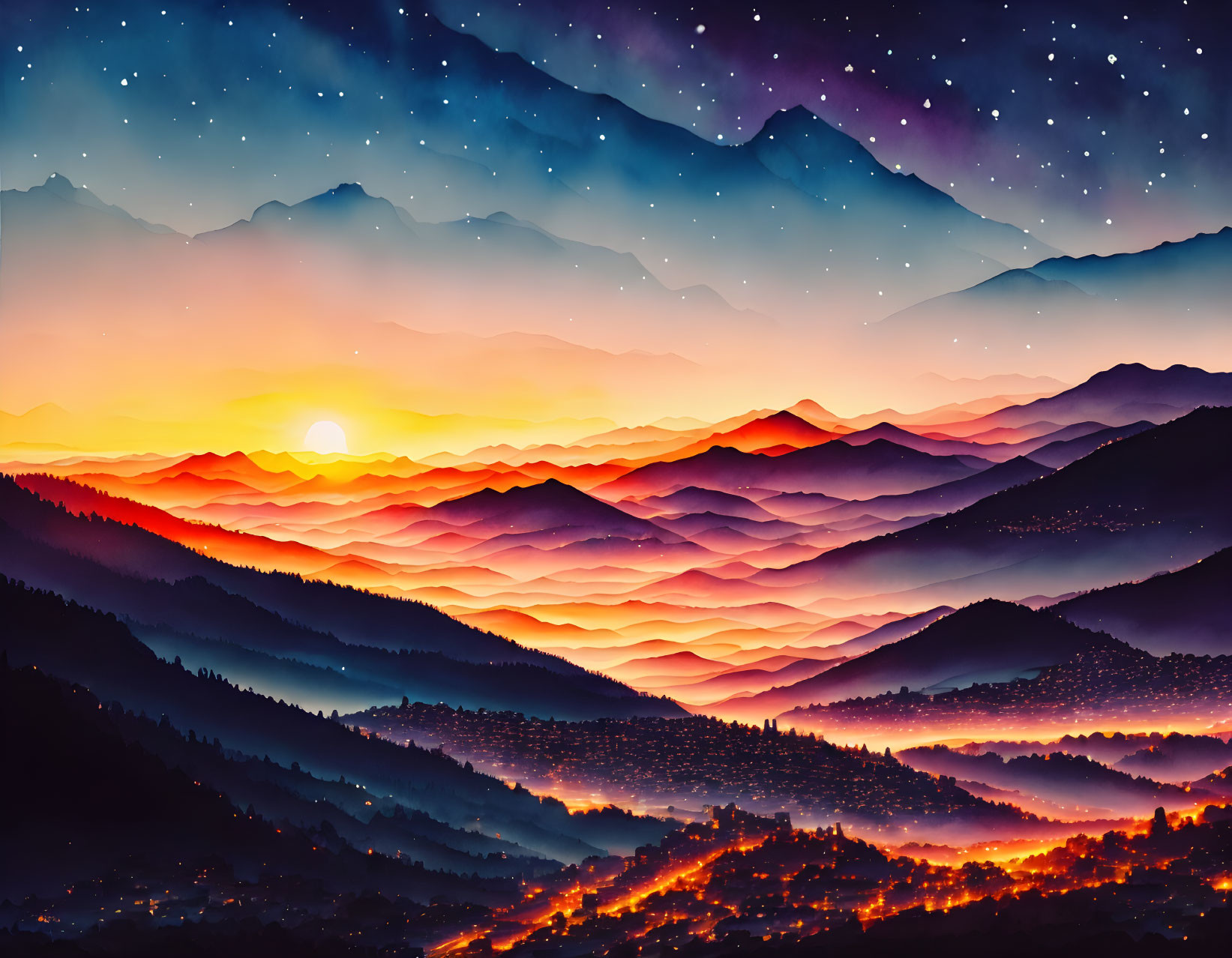 Colorful mountain landscape with sunrise and starry sky transition