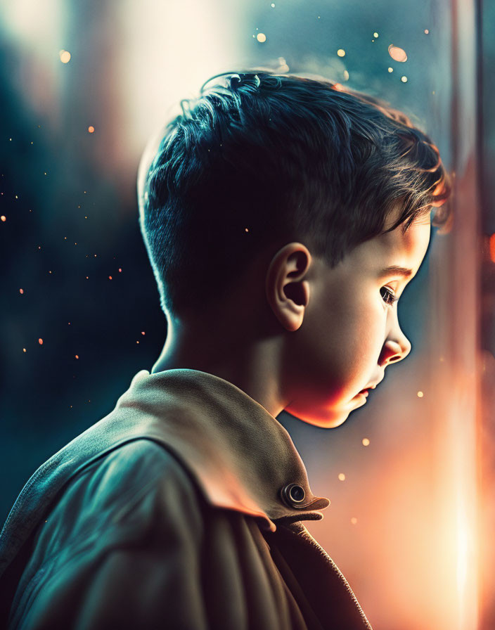 Contemplative boy gazes out night window with city lights bokeh.