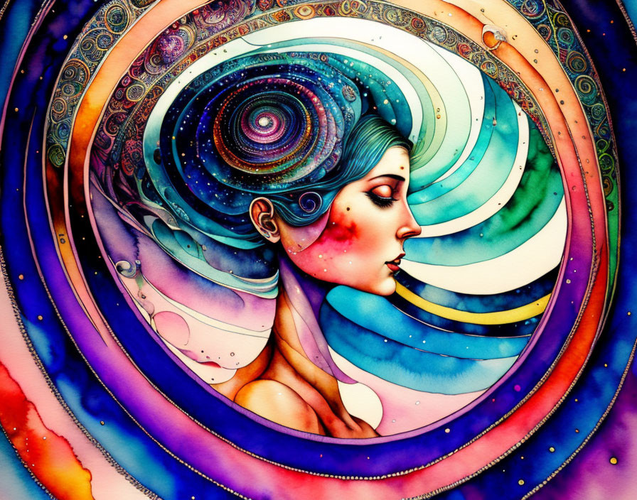 Colorful cosmic-themed woman illustration with swirling patterns.