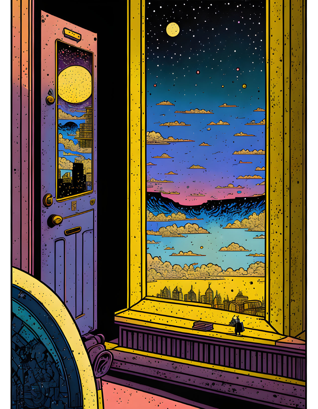 Comic-style illustration: Window view of scenic night landscape