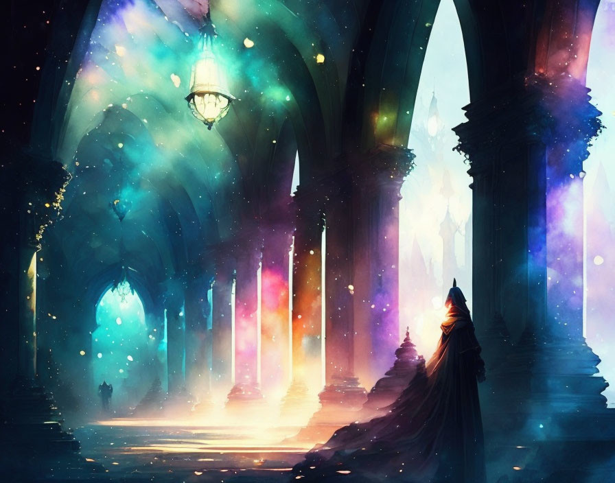 Cloaked figure in vibrant, ethereal hall with towering pillars and cosmic backdrop