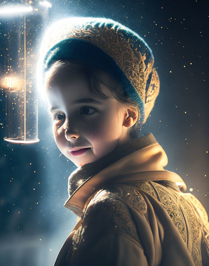 Child in vintage attire with glowing lantern in mystical scene