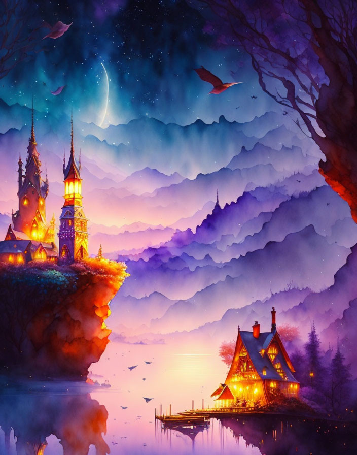 Fantasy landscape at dusk with glowing castle, lakeside cottage, illuminated trees, and starry sky