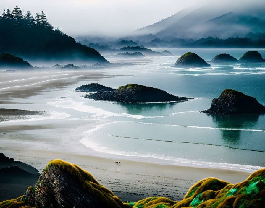 Misty coastal landscape with layered hills and serene beach.