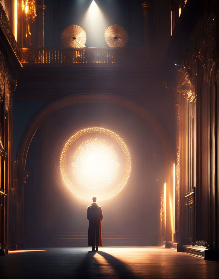 Person in grand dimly lit hall with ornate circular light feature