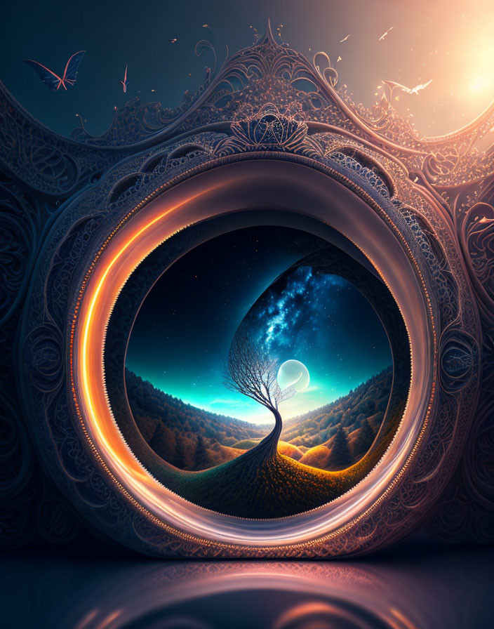 Surreal digital artwork: ornate circular frame, fantasy landscape, tree, moonlit sky,