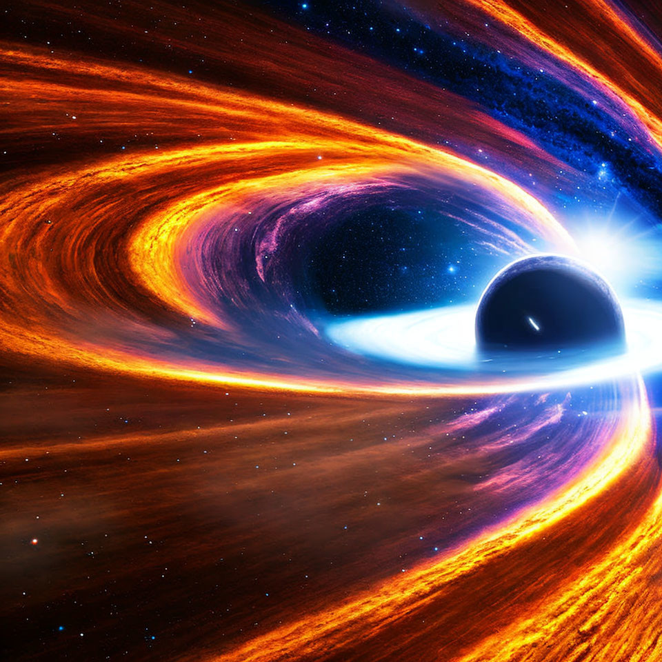 Detailed depiction of black hole with accretion disk and energetic jets in space