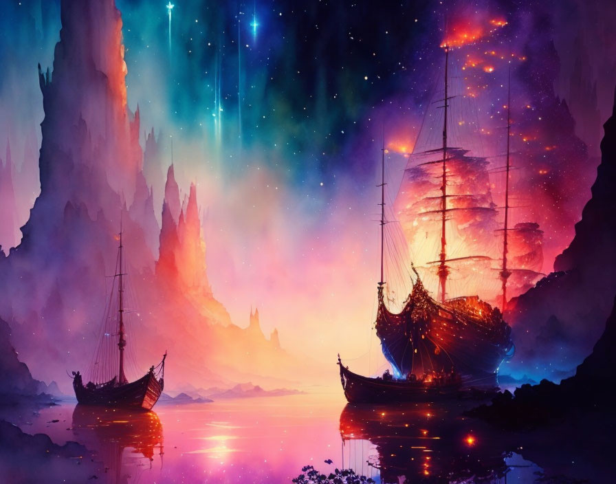 Colorful nebulae and auroras over tranquil waters with sailing ships