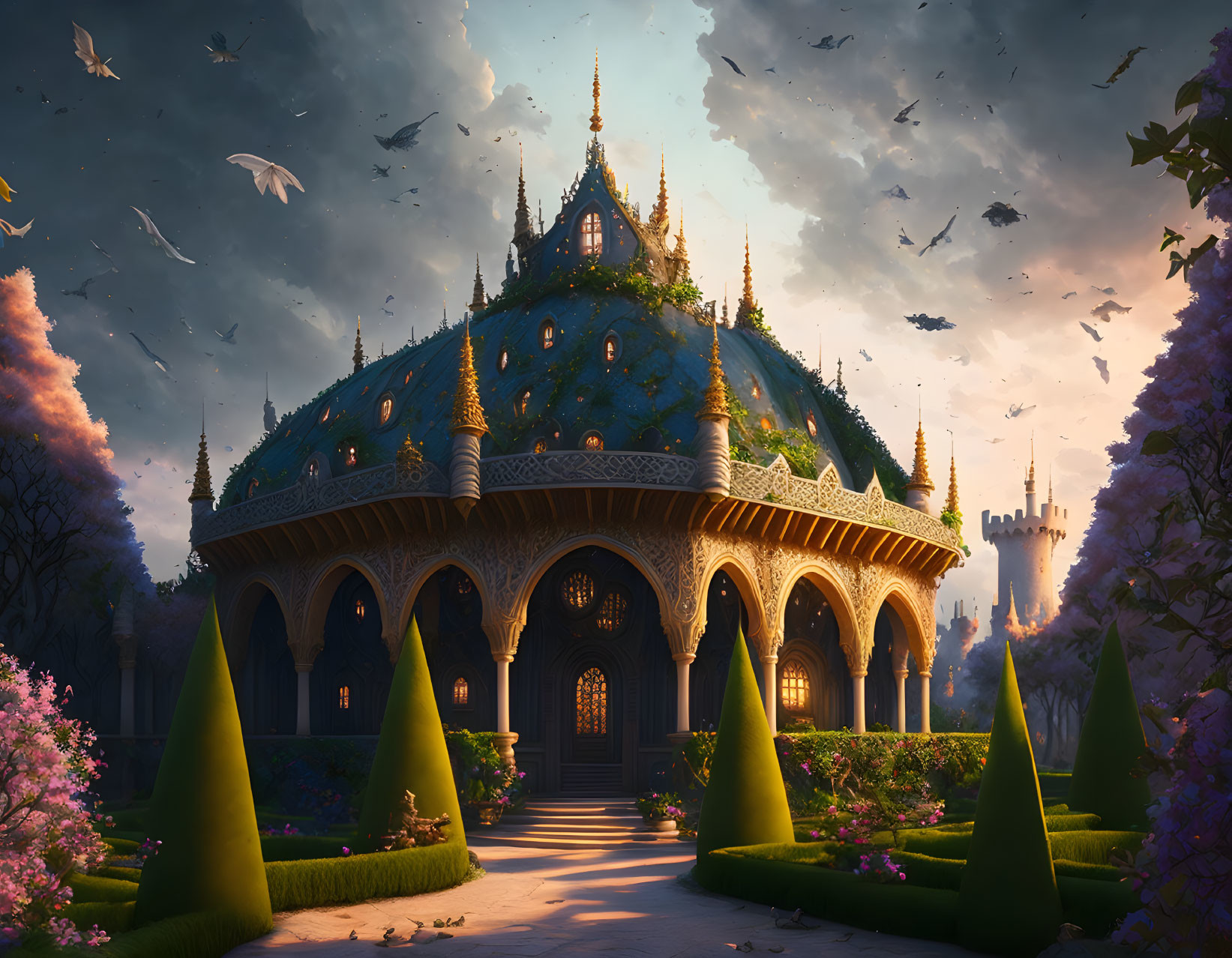 Fantastical palace with green roofs and gardens in twilight