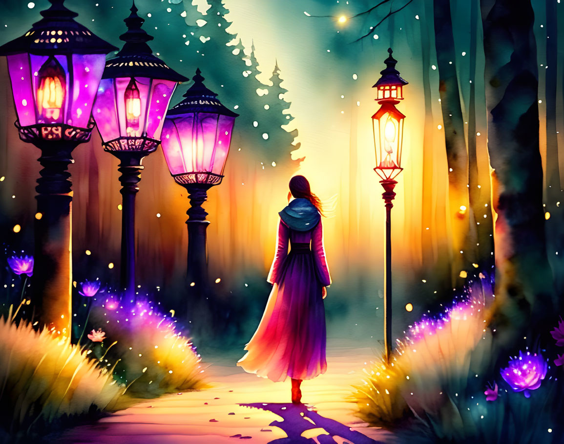 Person in Cape and Scarf Among Illuminated Lanterns in Magical Forest