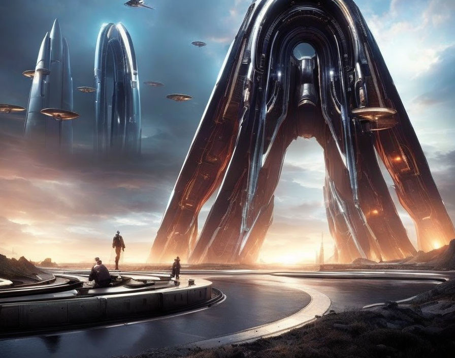 Futuristic cityscape at sunset with towering structures and ascending spaceships.