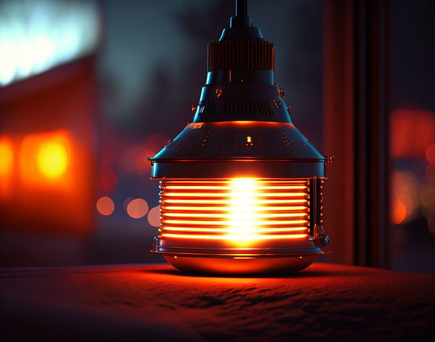 Illuminated electric heater on surface with soft-focus background