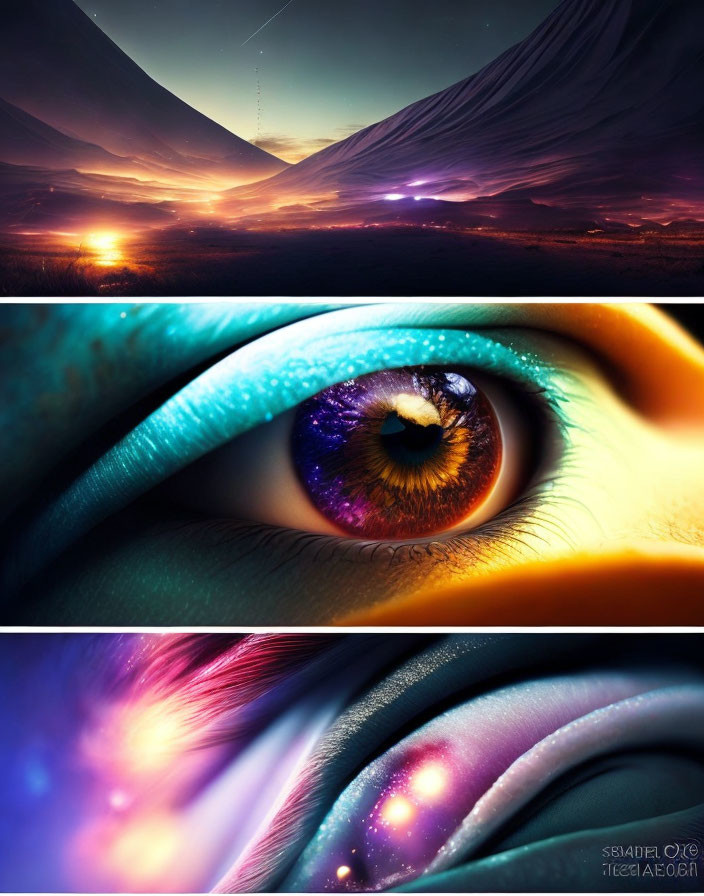 Cosmic Landscape Triptych Featuring Detailed Eye Integration