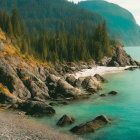 Serene rocky shoreline with evergreen trees and mountains by blue sea