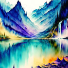 Mountainous landscape watercolor painting with waterfall and lake