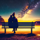 Couple sitting on bench under starry sky and vibrant sunset.