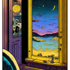 Comic-style illustration: Window view of scenic night landscape