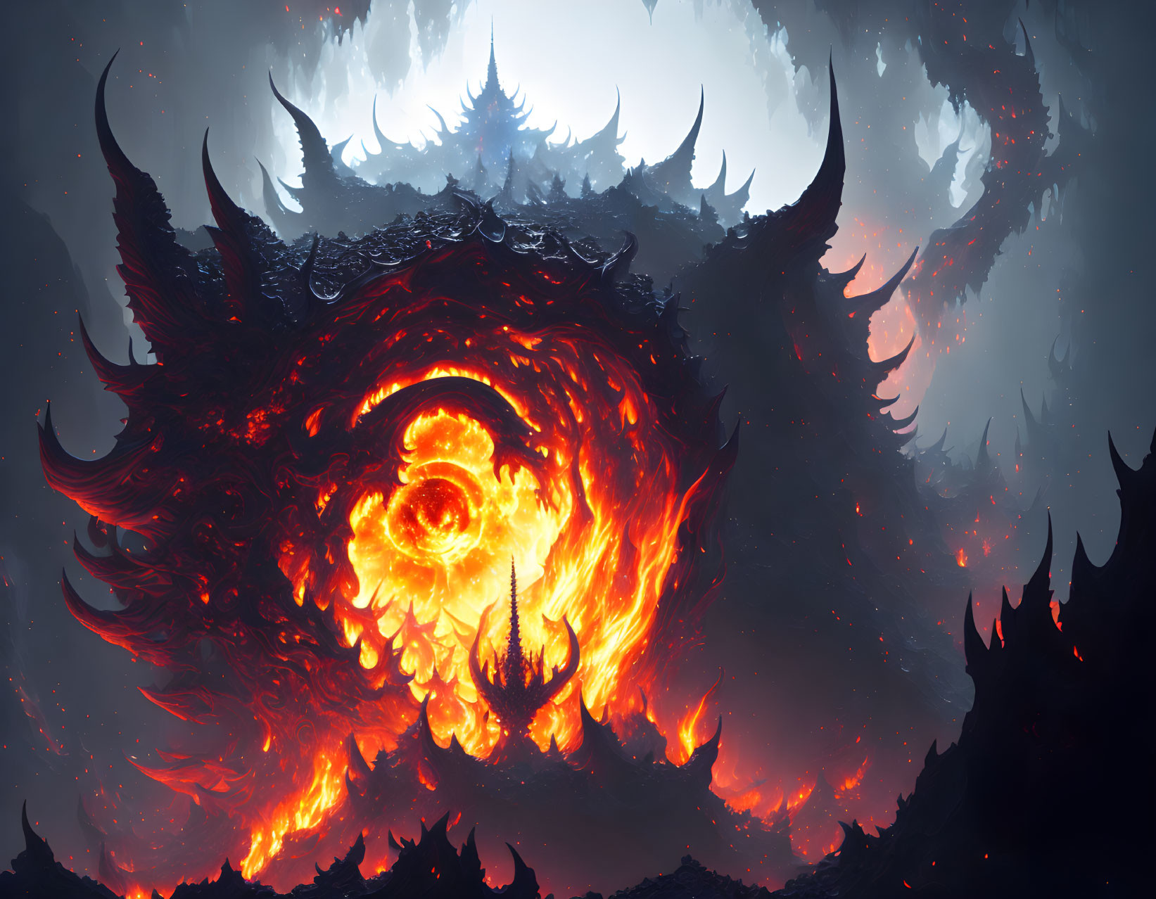 Monstrous creature with multiple eyes and horns on dark, fiery background