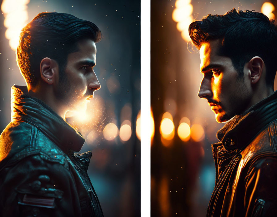 Man in profile and facing forward with street lights bokeh at dusk, wearing a leather jacket.