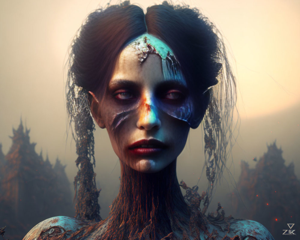 Digital Artwork: Woman with Dark Makeup and Cracked Forehead in Somber Forest