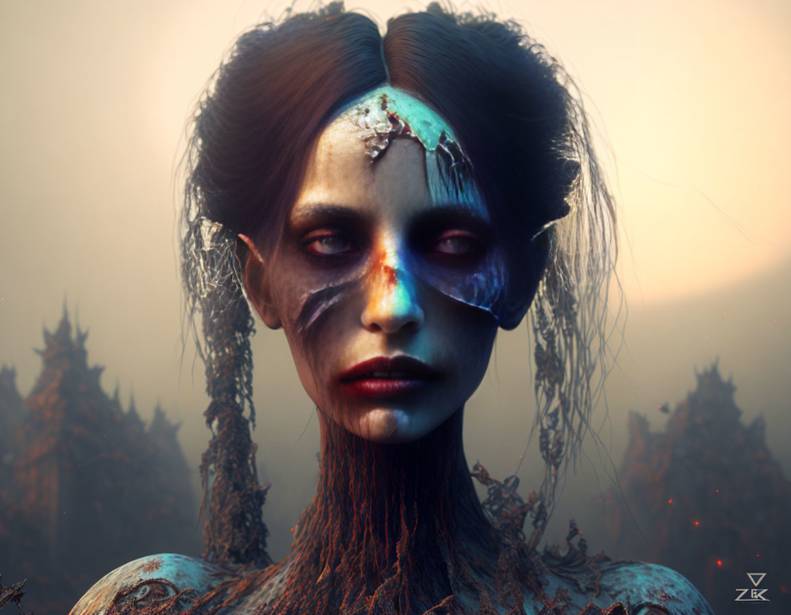 Digital Artwork: Woman with Dark Makeup and Cracked Forehead in Somber Forest