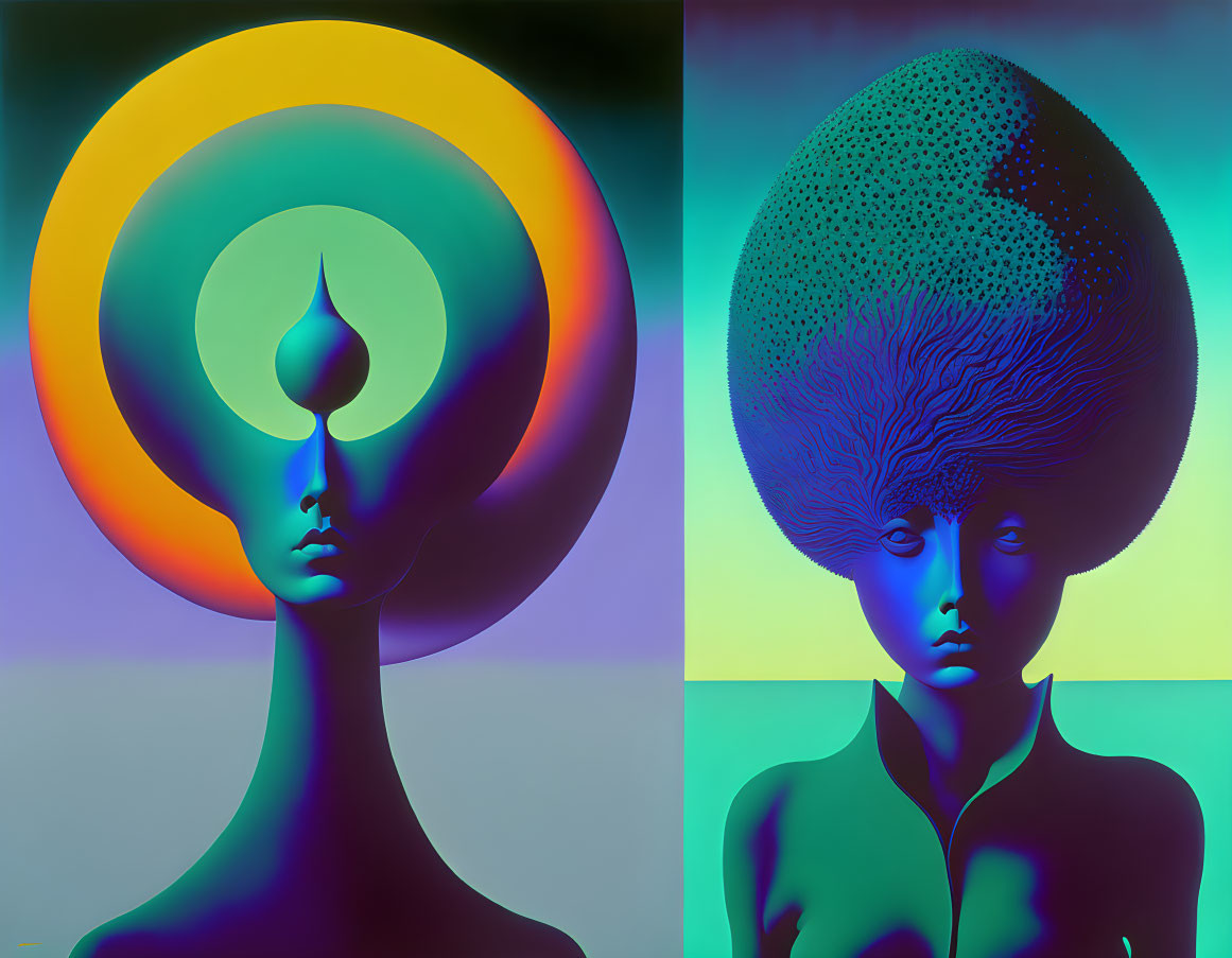 Surreal Artwork: Two Figures with Unique Heads on Gradient Background