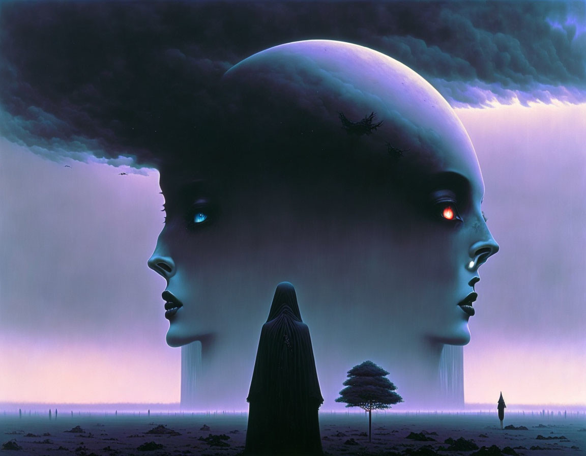 Surreal artwork: colossal bald head, red eyes, cloaked figure, tree, monolith