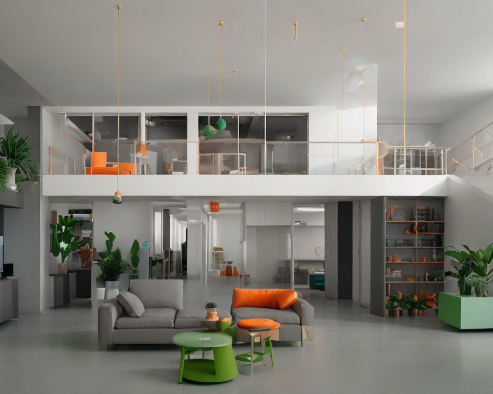 Contemporary two-level loft with grey and orange accents & open-plan design