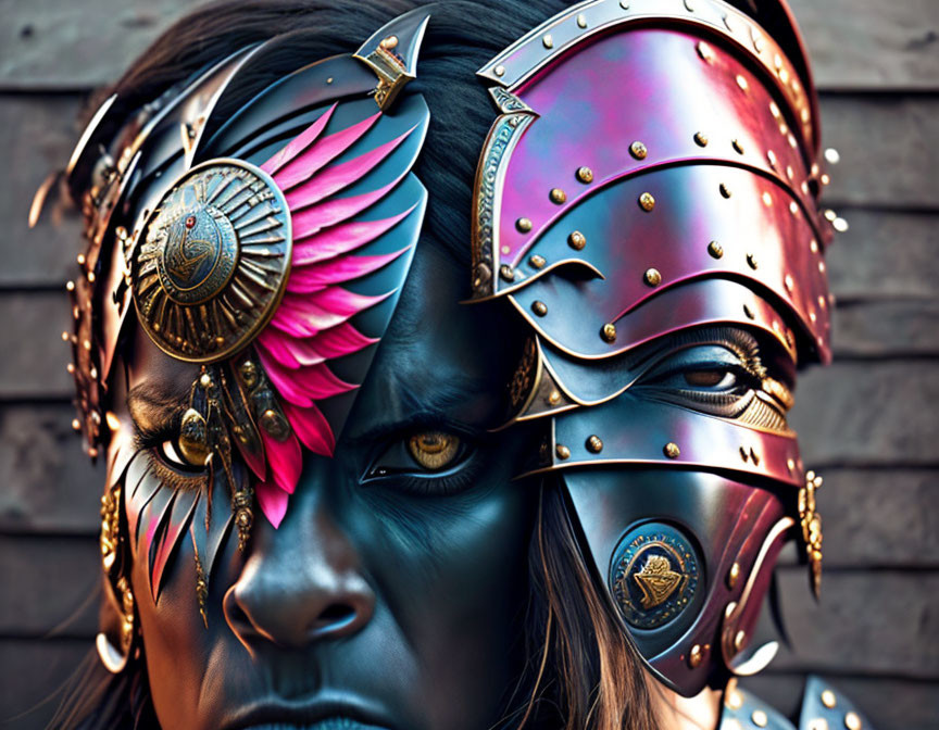 Blue-Painted Person in Warrior Helmet with Feathers